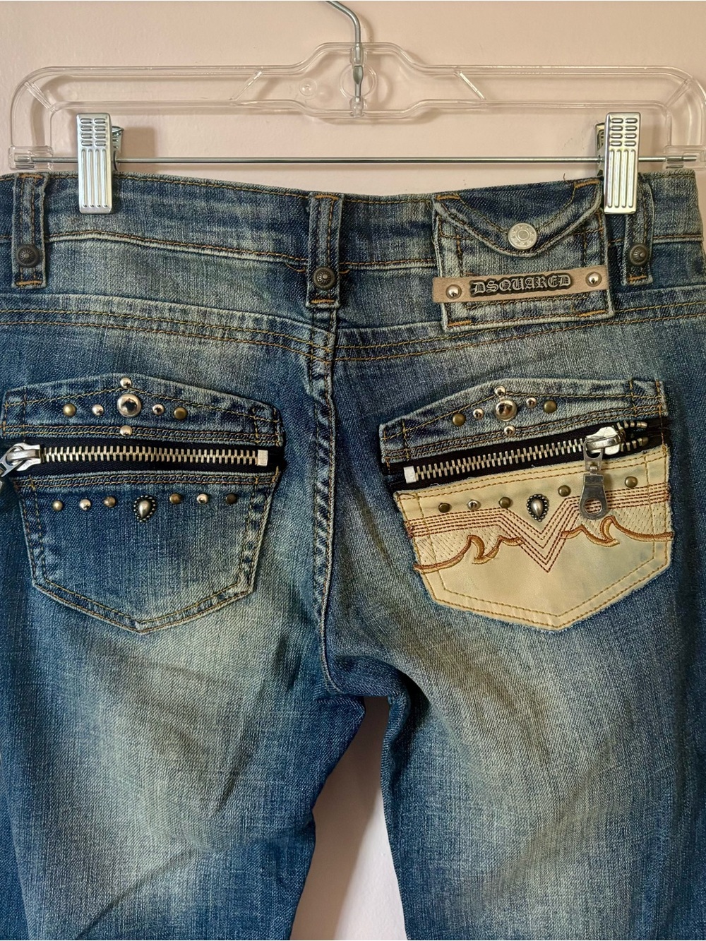 DSQUARED2 Blue Distressed Denim Bootcut Jeans with Studded Back Pockets